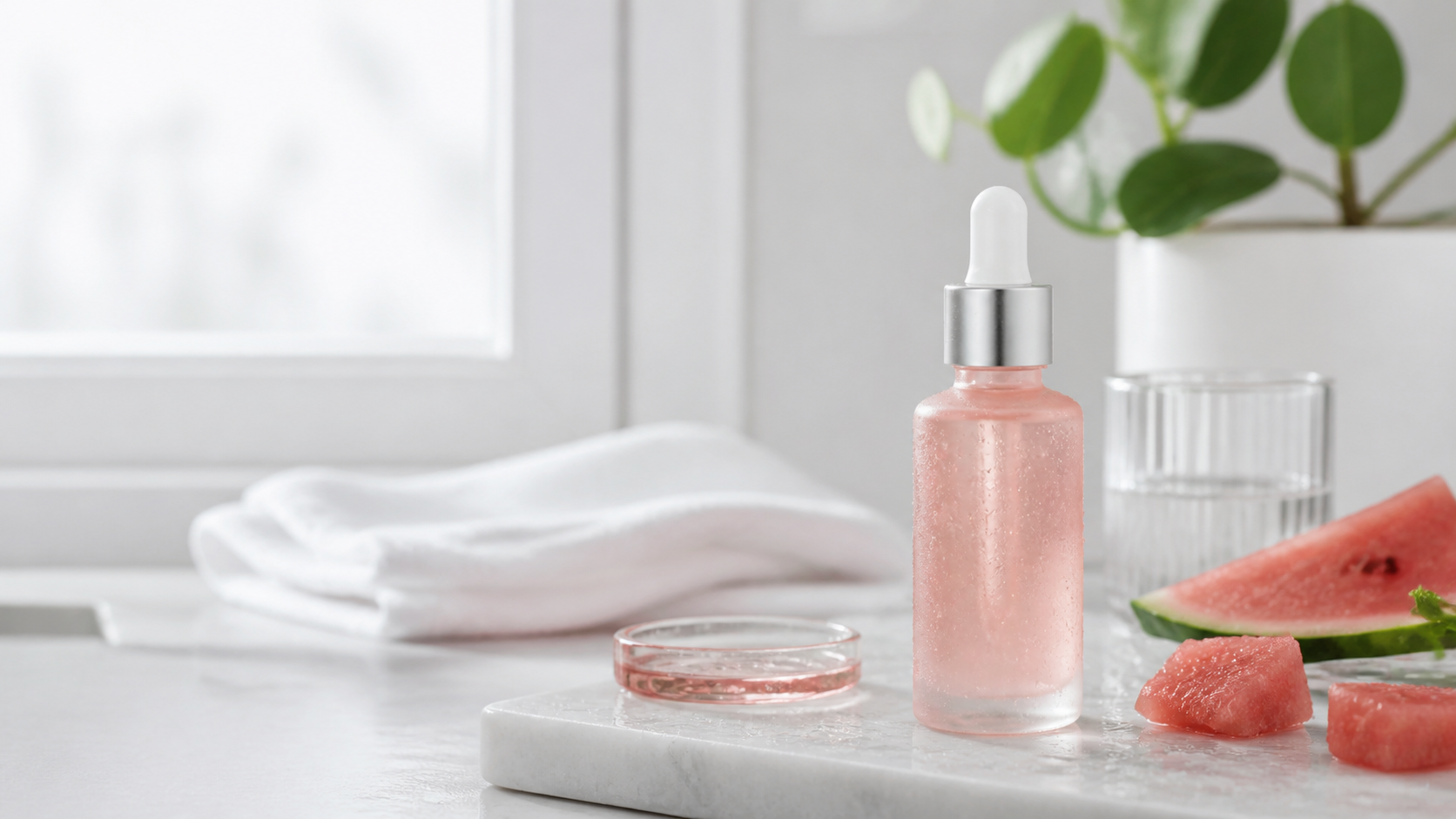 Unbranded face serum bottle on a clean bathroom vanity with watermelon accents